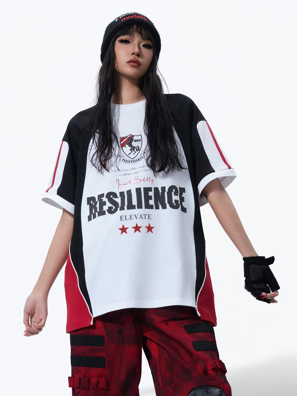 MOGONGSHE Retro Colorblock Jersey Print Oversized Women's Cotton Short Sleeve T-shirts