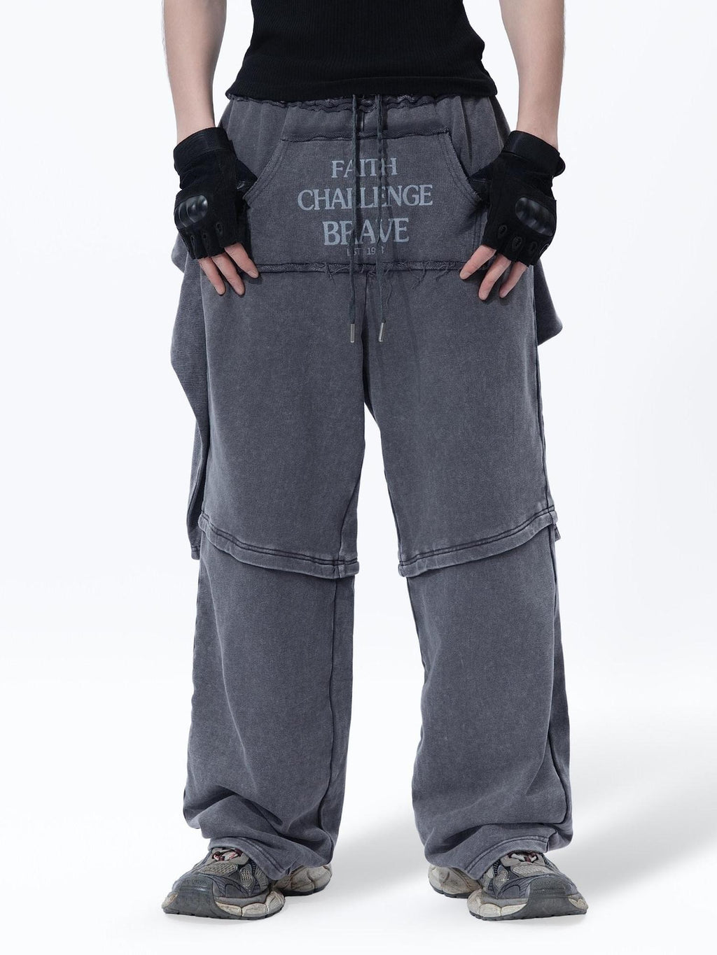 MOGONGSHE Retro Gray American Vintage Slimming Faux Two Piece Women's Wide-leg Pants