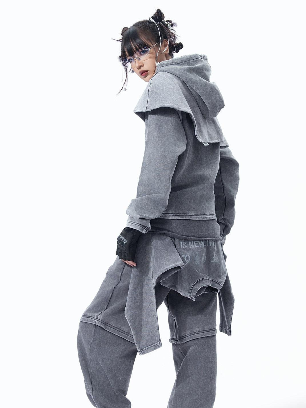 MOGONGSHE Retro Gray American Vintage Slimming Faux Two Piece Women's Wide-leg Pants