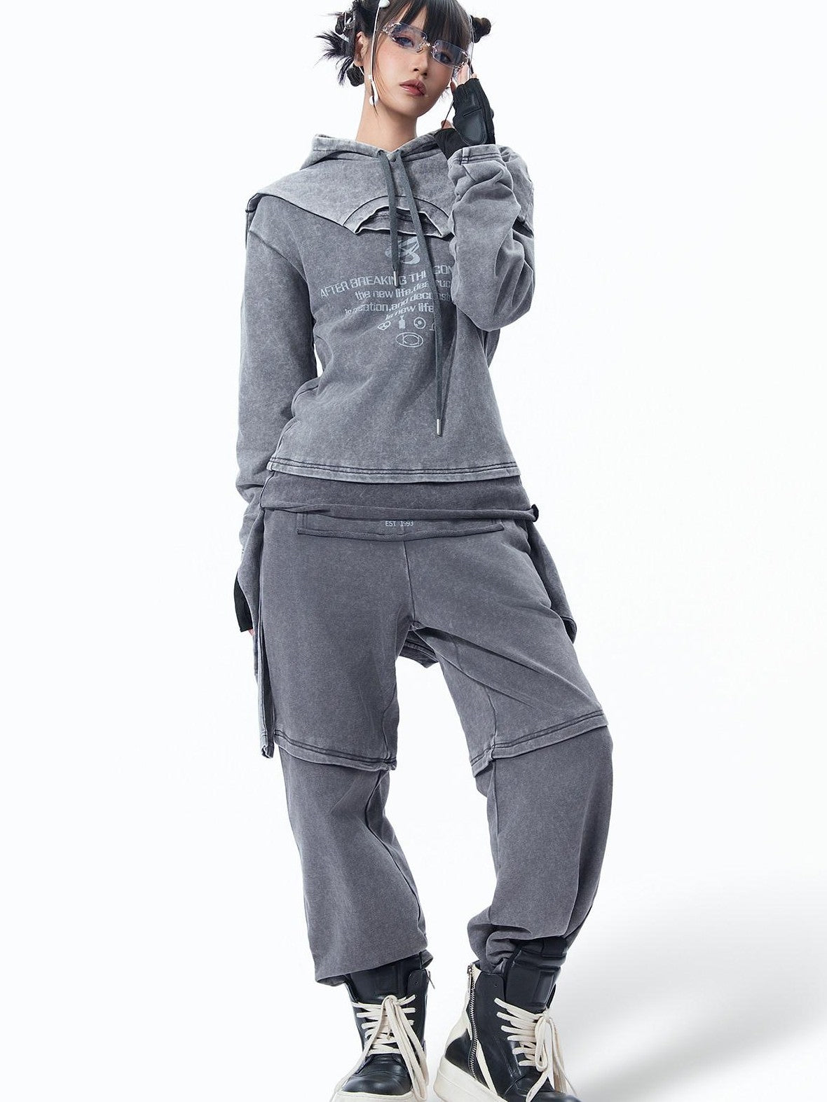 MOGONGSHE Retro Gray American Vintage Slimming Faux Two Piece Women's Wide-leg Pants