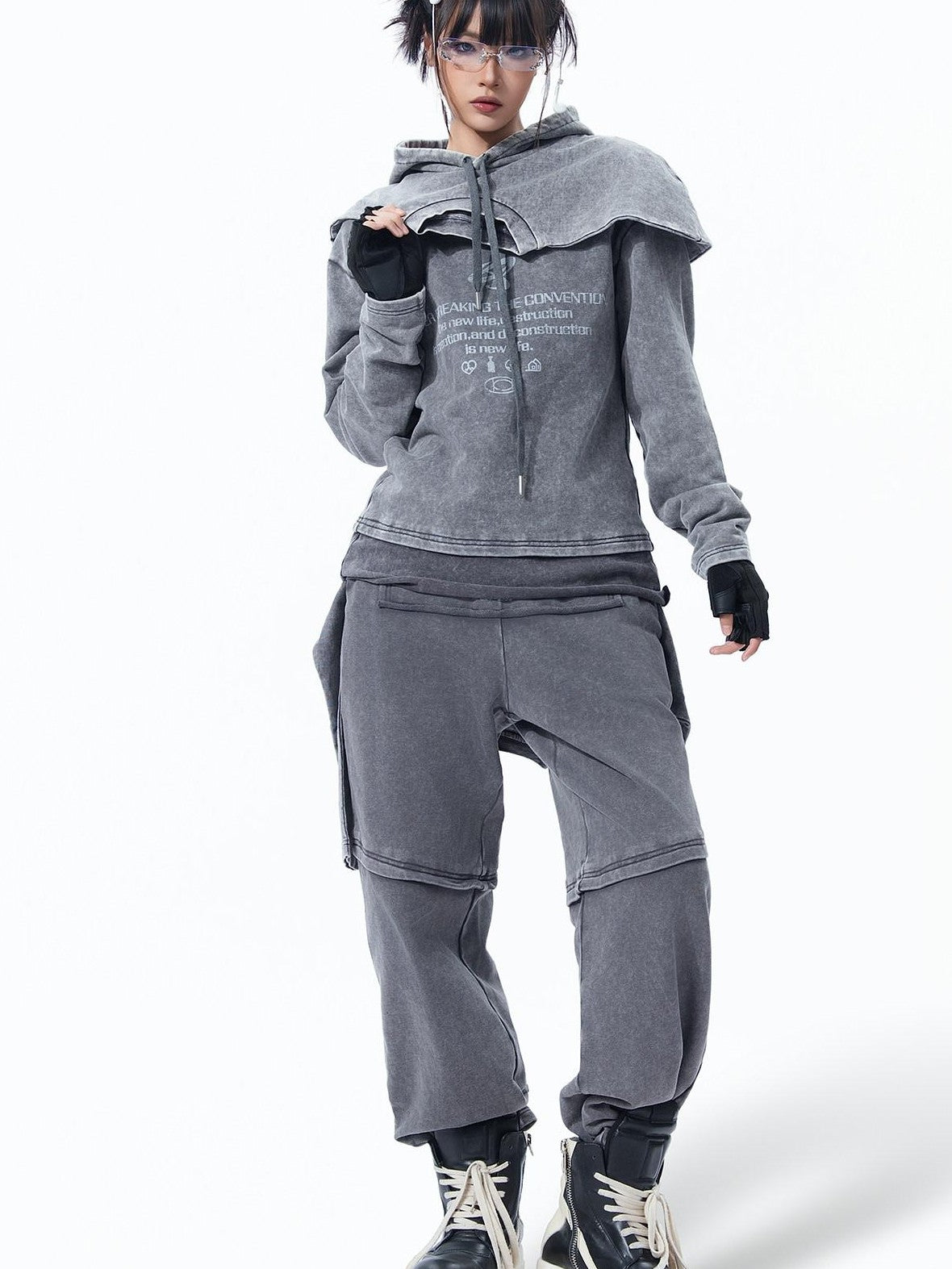 MOGONGSHE Retro Gray American Vintage Slimming Faux Two Piece Women's Wide-leg Pants