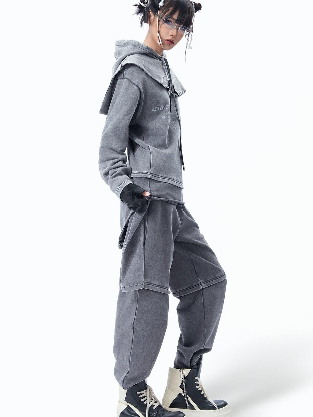 MOGONGSHE Retro Gray American Vintage Slimming Faux Two Piece Women's Wide-leg Pants