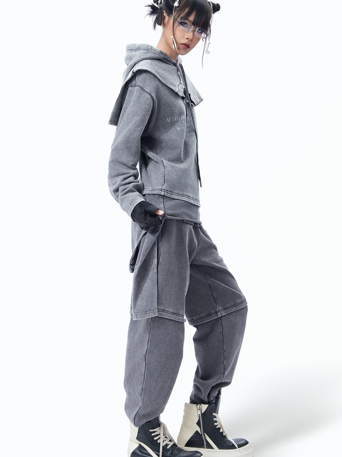 MOGONGSHE Retro Gray American Vintage Slimming Faux Two Piece Women's Wide-leg Pants
