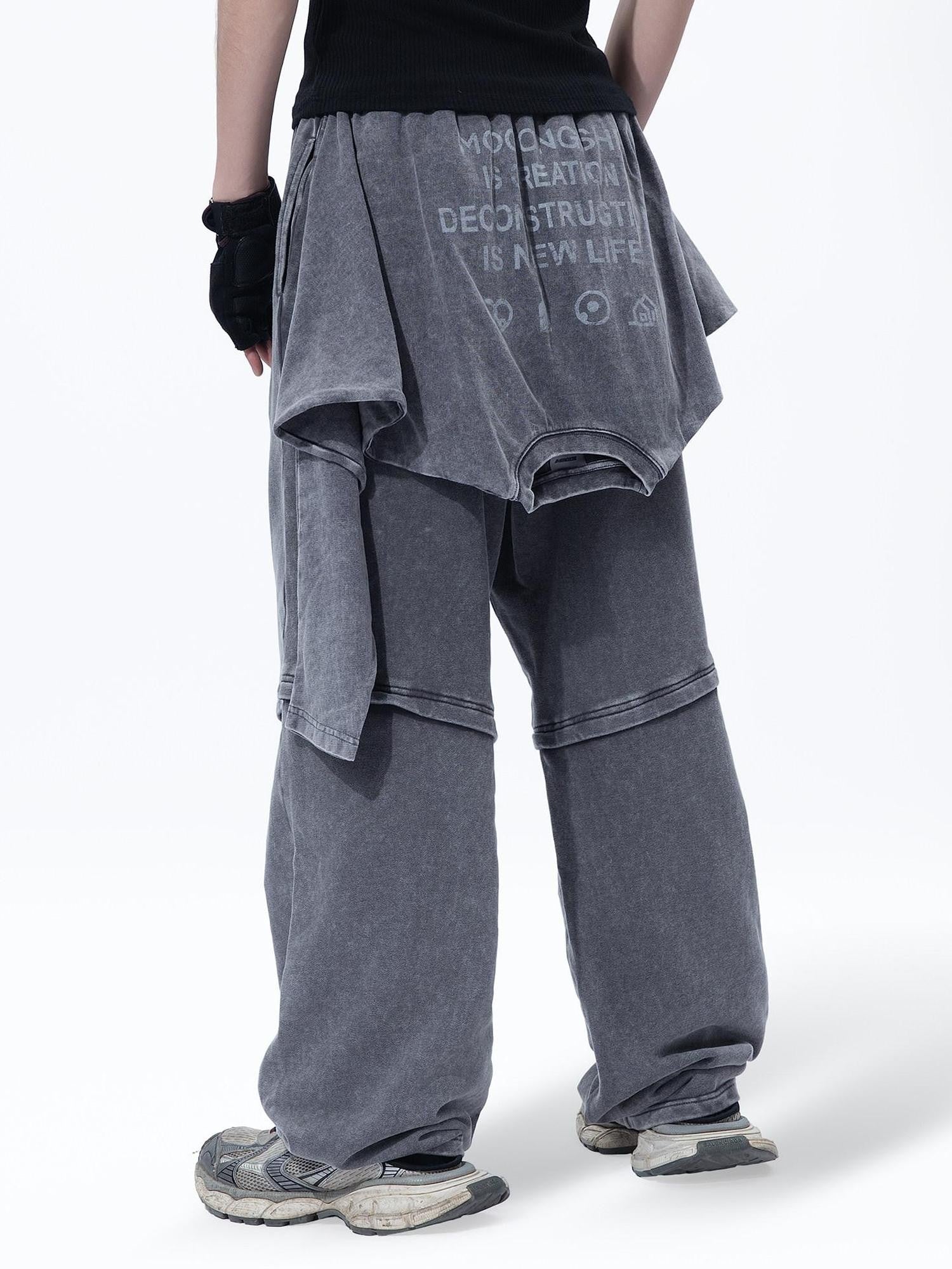 MOGONGSHE Retro Gray American Vintage Slimming Faux Two Piece Women's Wide-leg Pants