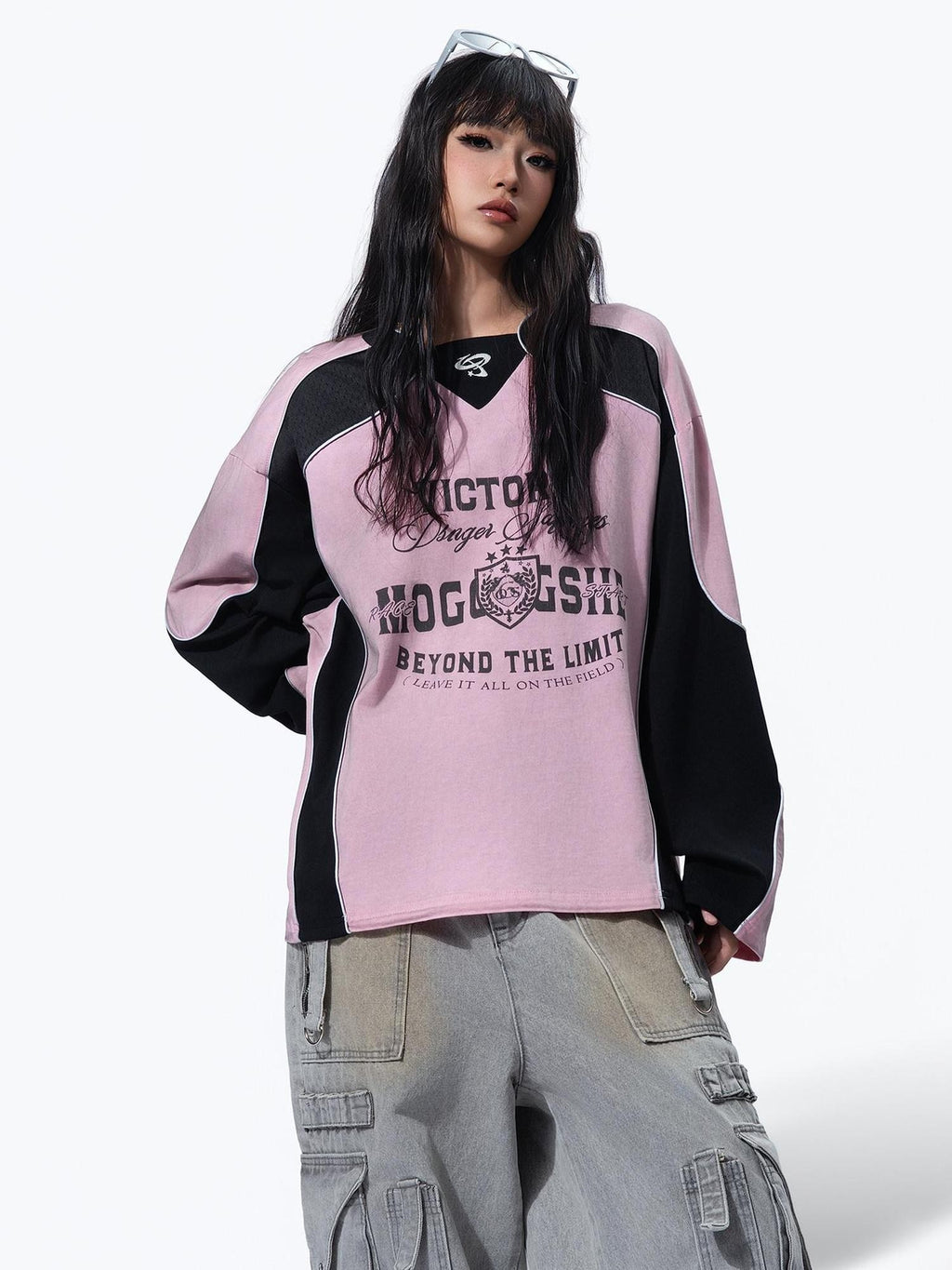 MOGONGSHE Retro Moto Distressed Spray Print Women's Cotton Long Sleeve T-shirts