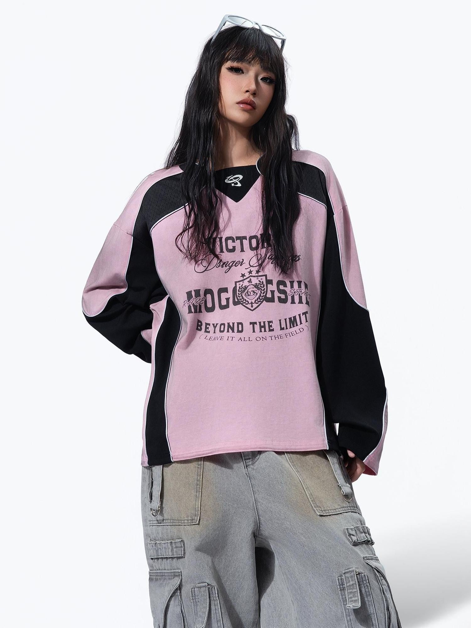 MOGONGSHE Retro Moto Distressed Spray Print Women's Cotton Long Sleeve T-shirts