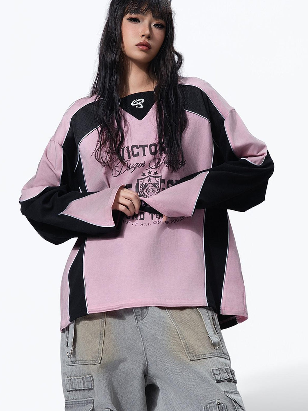 MOGONGSHE Retro Moto Distressed Spray Print Women's Cotton Long Sleeve T-shirts