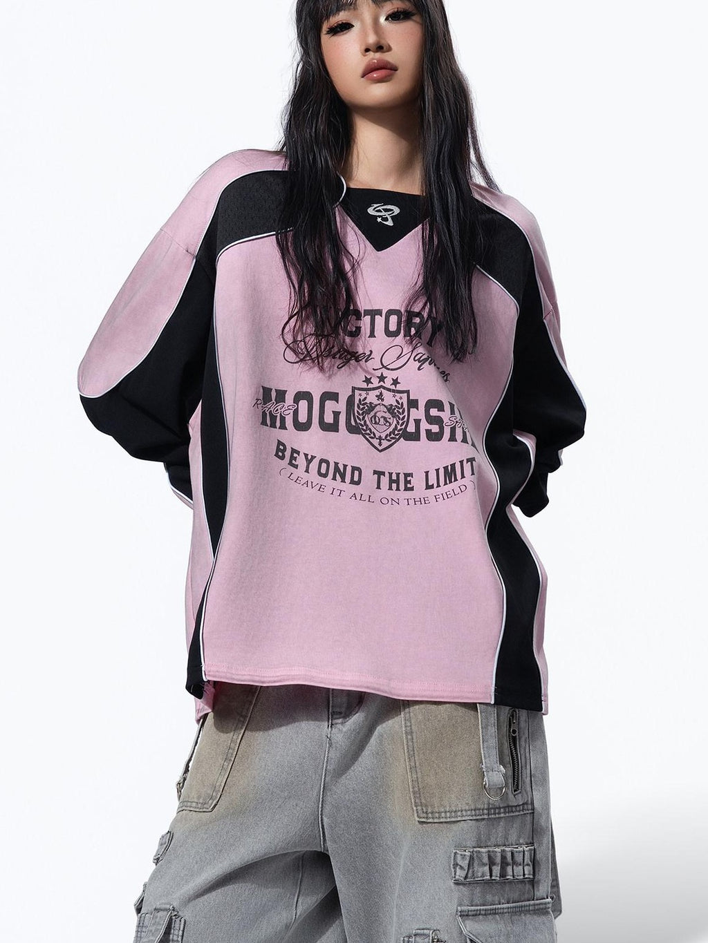 MOGONGSHE Retro Moto Distressed Spray Print Women's Cotton Long Sleeve T-shirts