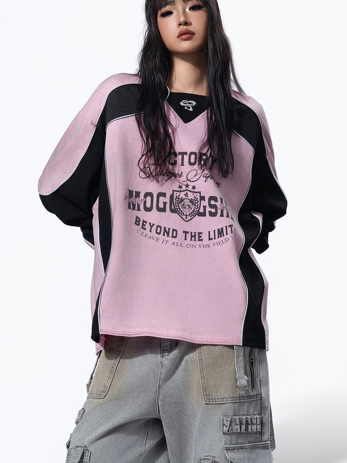 MOGONGSHE Retro Moto Distressed Spray Print Women's Cotton Long Sleeve T-shirts