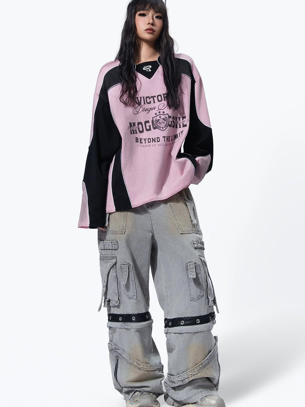 MOGONGSHE Retro Moto Distressed Spray Print Women's Cotton Long Sleeve T-shirts