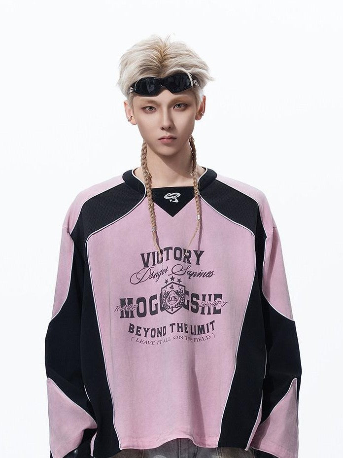 MOGONGSHE Retro Moto Distressed Spray Print Women's Cotton Long Sleeve T-shirts