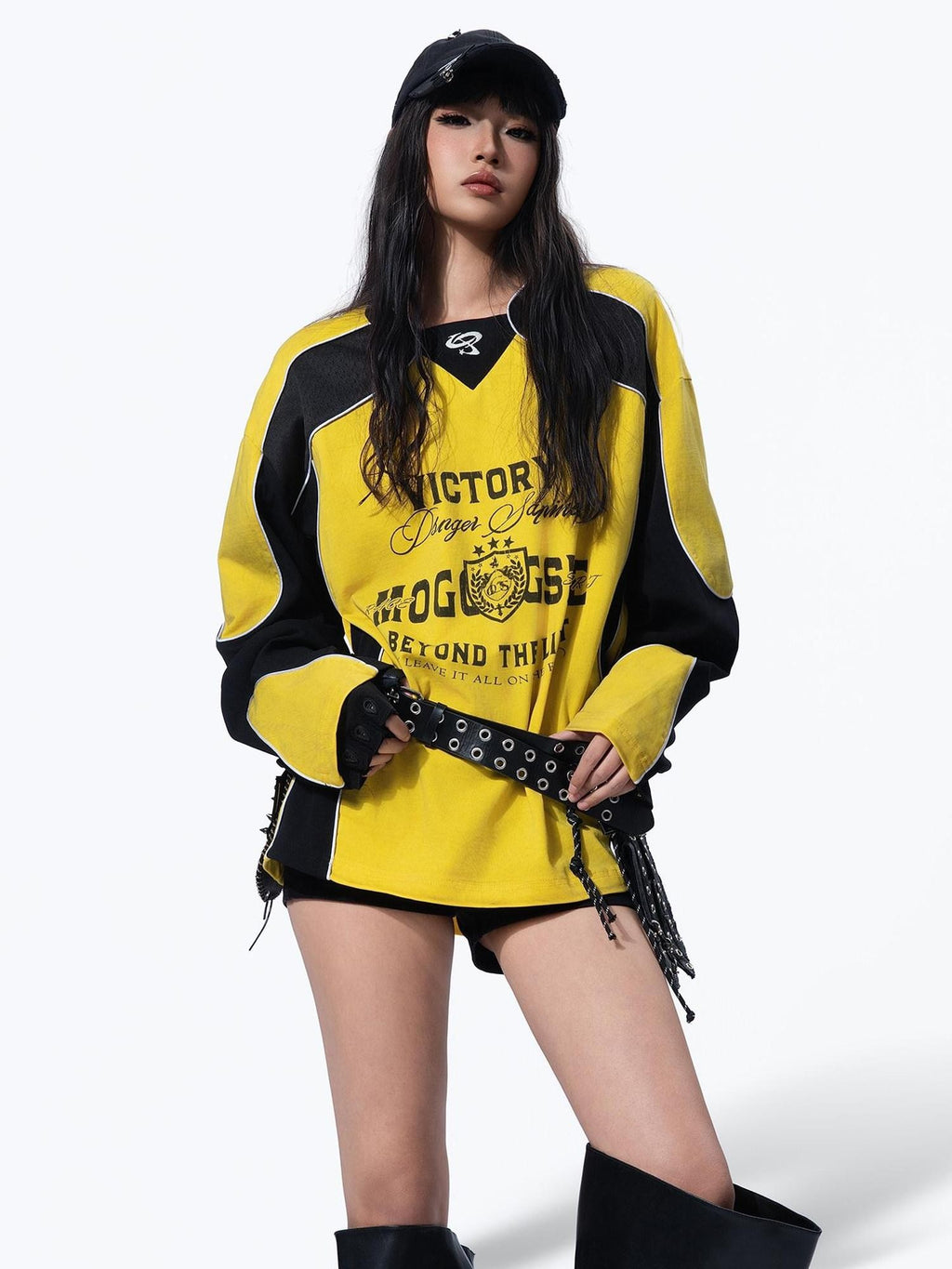 MOGONGSHE Retro Moto Distressed Spray Print Women's Cotton Long Sleeve T-shirts