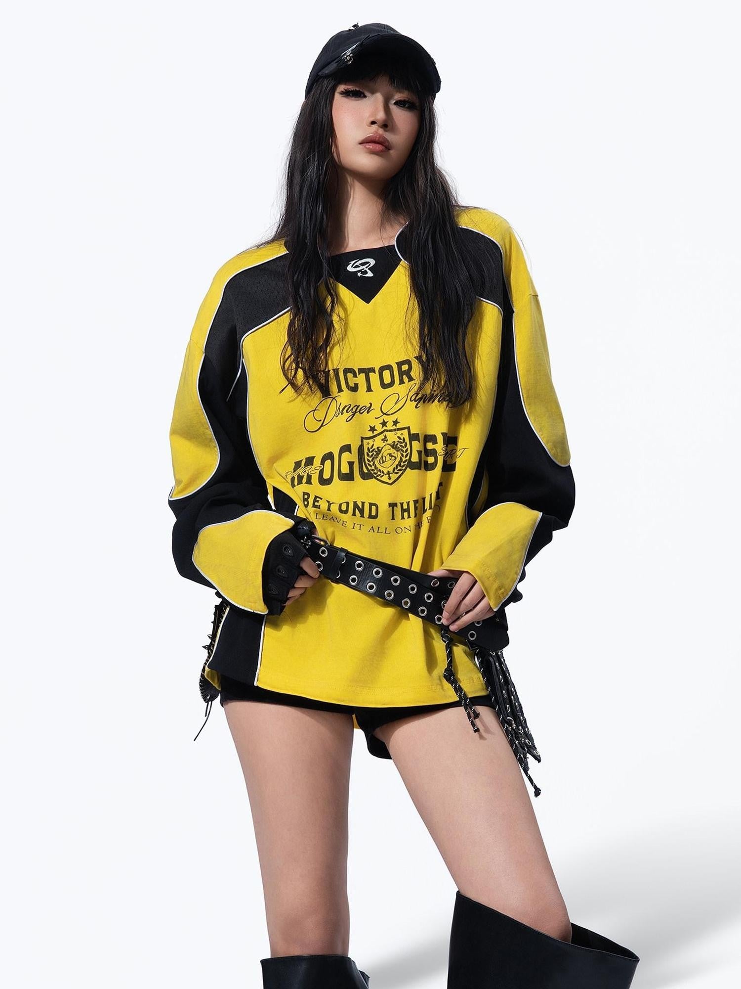 MOGONGSHE Retro Moto Distressed Spray Print Women's Cotton Long Sleeve T-shirts