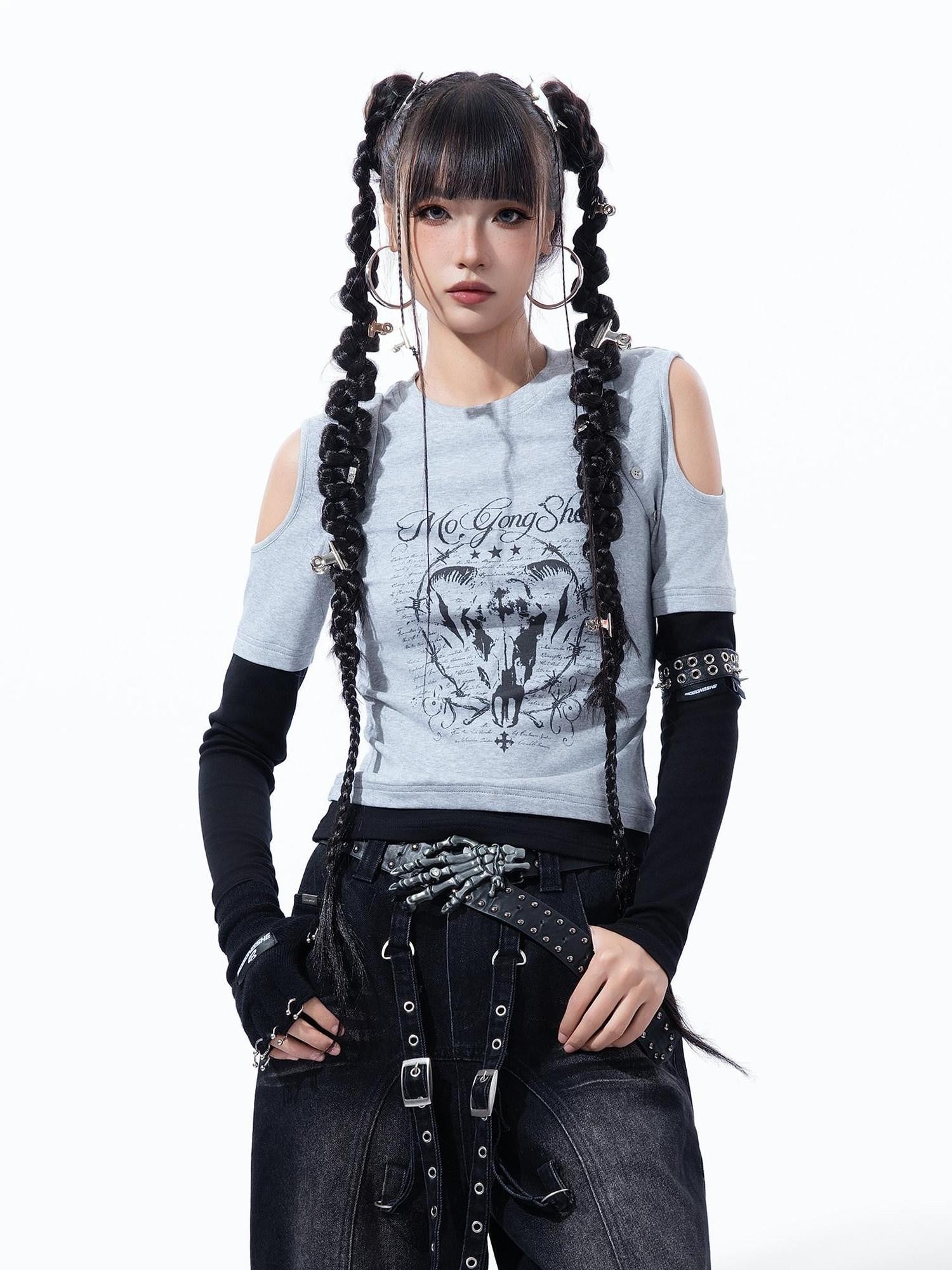 MOGONGSHE Retro Print Detachable Y2k Vest Off Shoulder Slim Fit Women's Long Sleeve T-shirts
