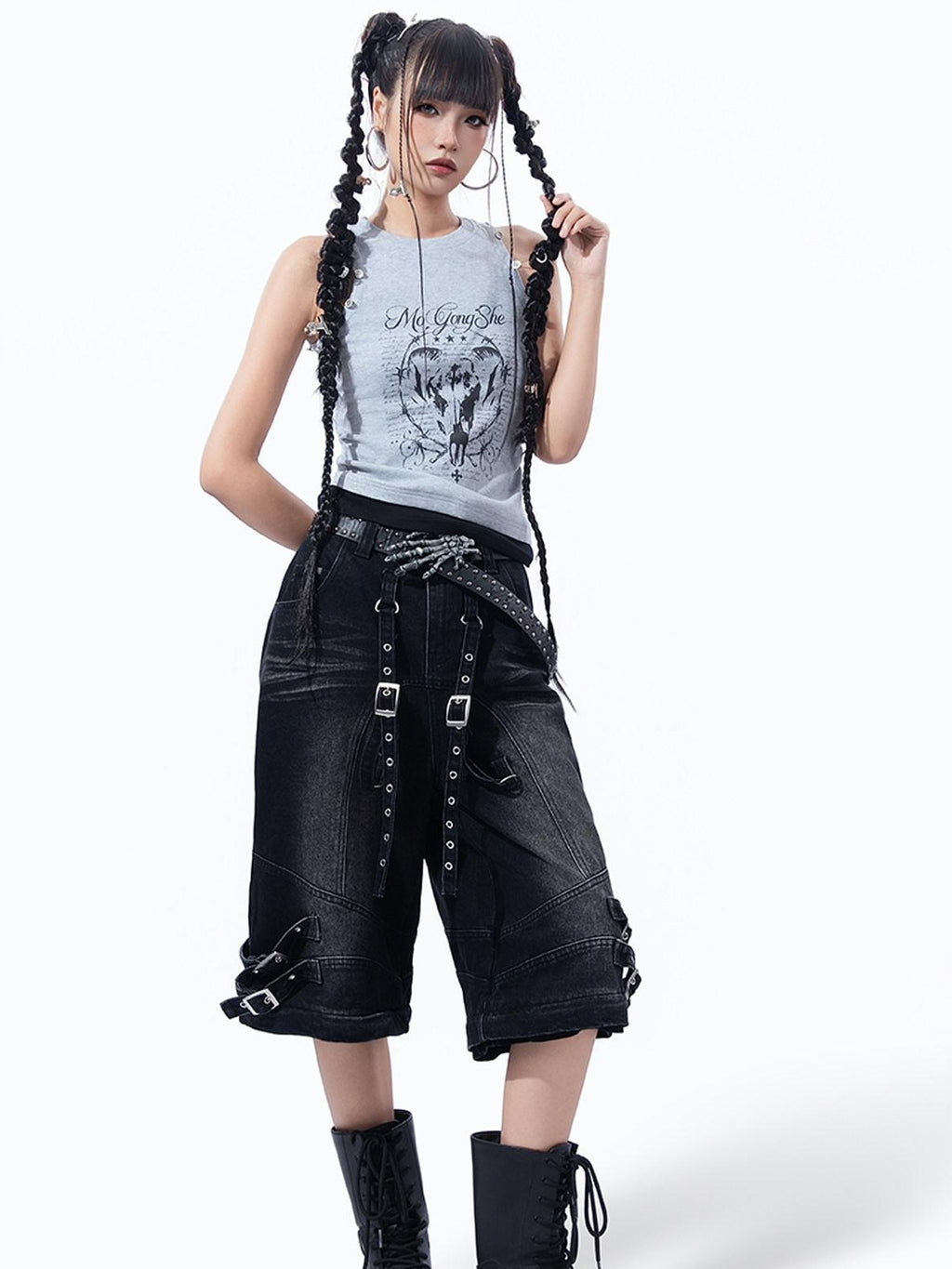 MOGONGSHE Retro Print Detachable Y2k Vest Off Shoulder Slim Fit Women's Long Sleeve T-shirts