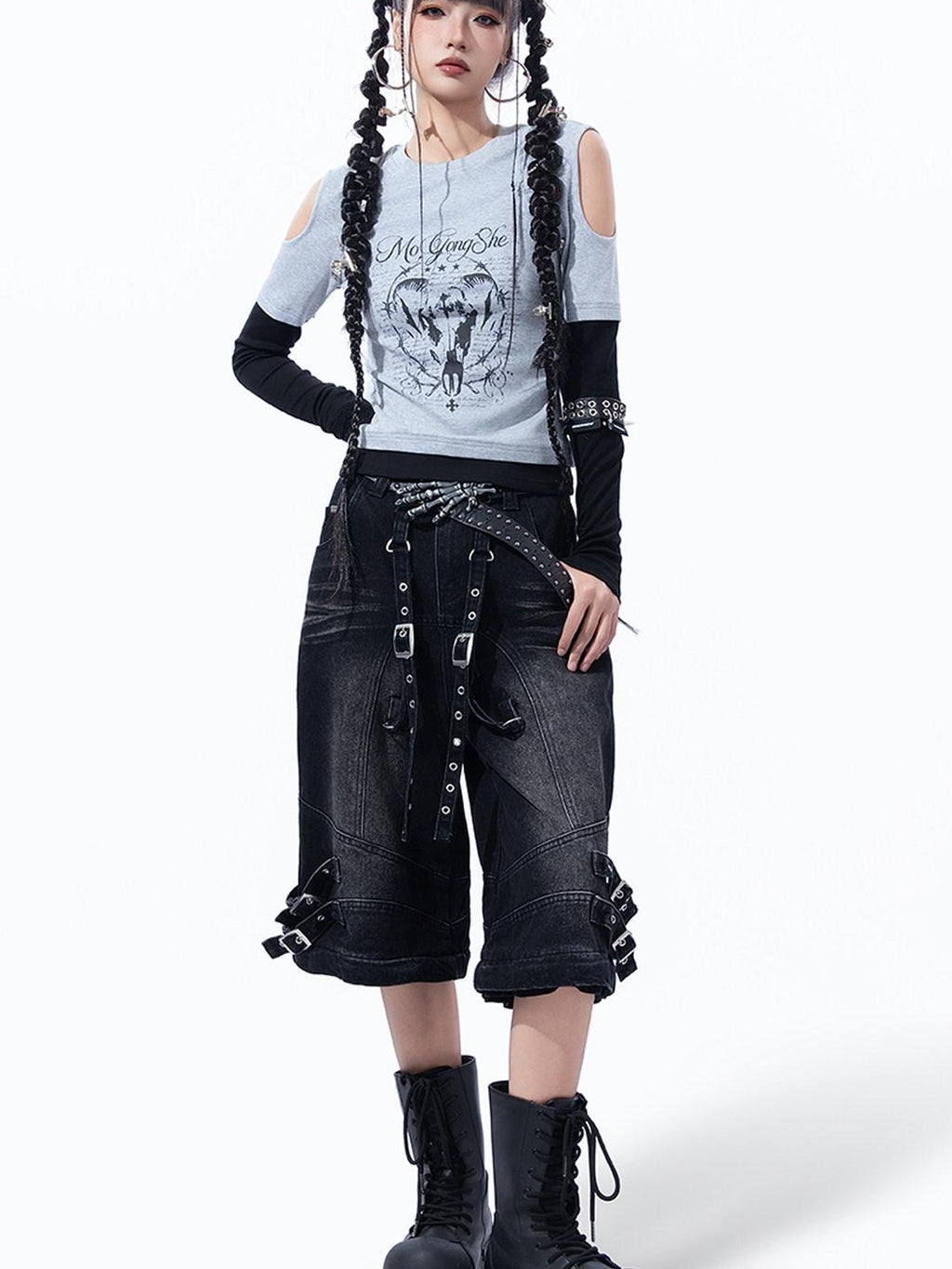 MOGONGSHE Retro Print Detachable Y2k Vest Off Shoulder Slim Fit Women's Long Sleeve T-shirts