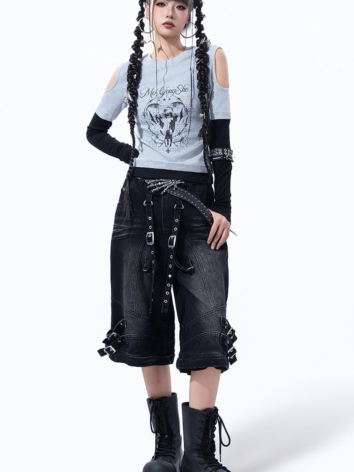 MOGONGSHE Retro Print Detachable Y2k Vest Off Shoulder Slim Fit Women's Long Sleeve T-shirts