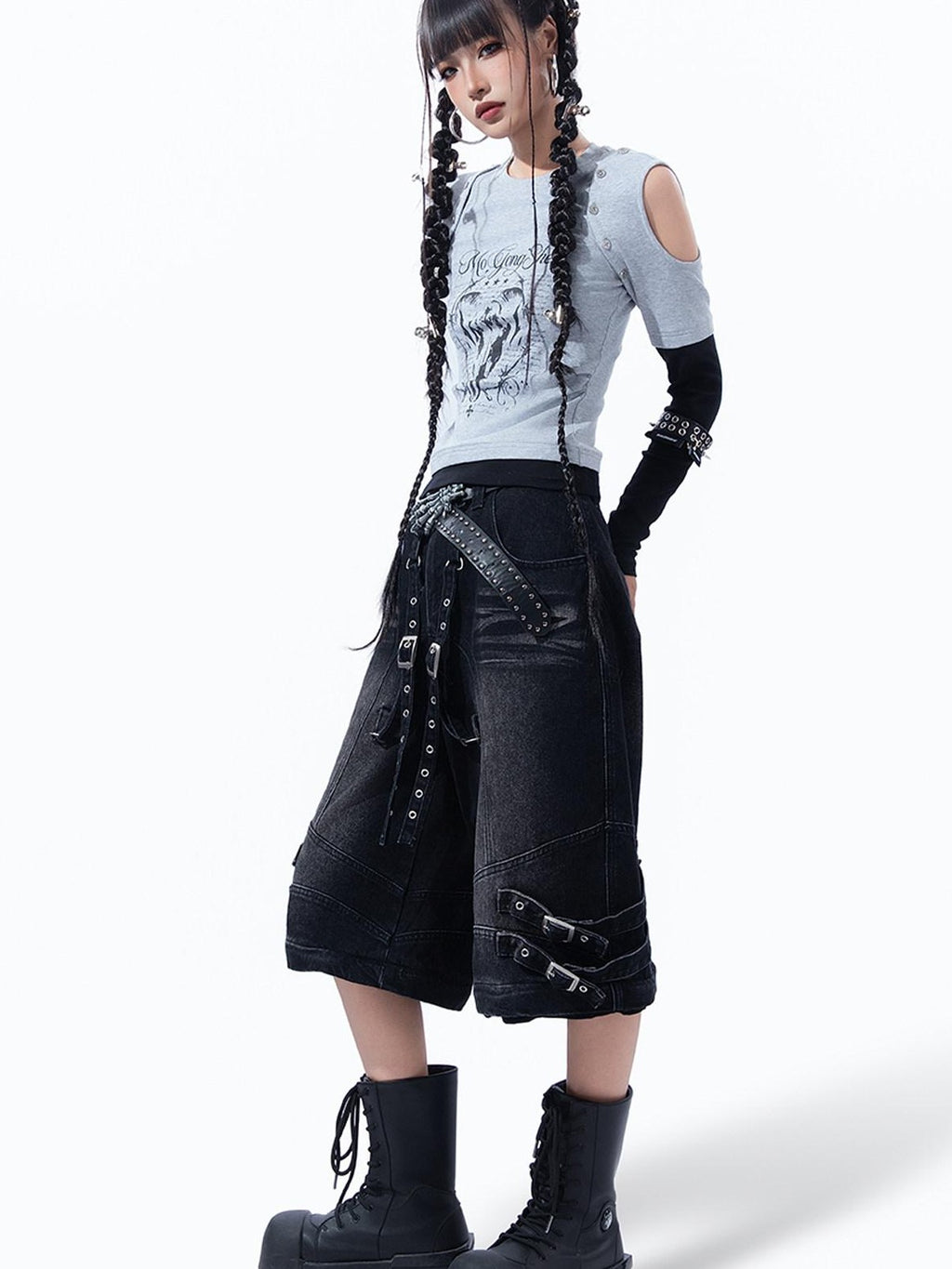 MOGONGSHE Retro Print Detachable Y2k Vest Off Shoulder Slim Fit Women's Long Sleeve T-shirts