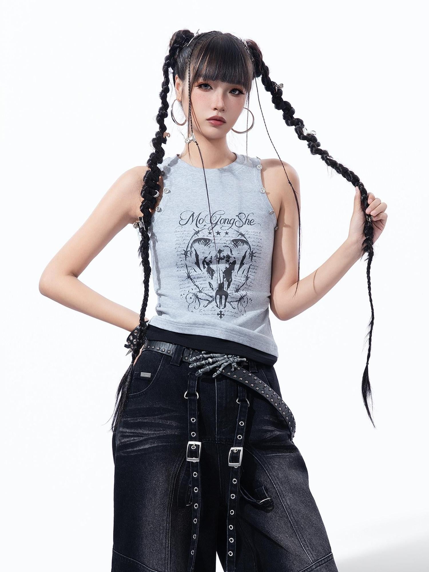 MOGONGSHE Retro Print Detachable Y2k Vest Off Shoulder Slim Fit Women's Long Sleeve T-shirts