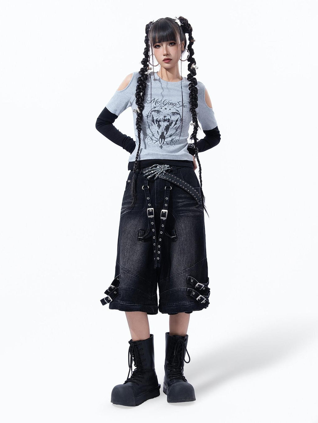 MOGONGSHE Retro Print Detachable Y2k Vest Off Shoulder Slim Fit Women's Long Sleeve T-shirts