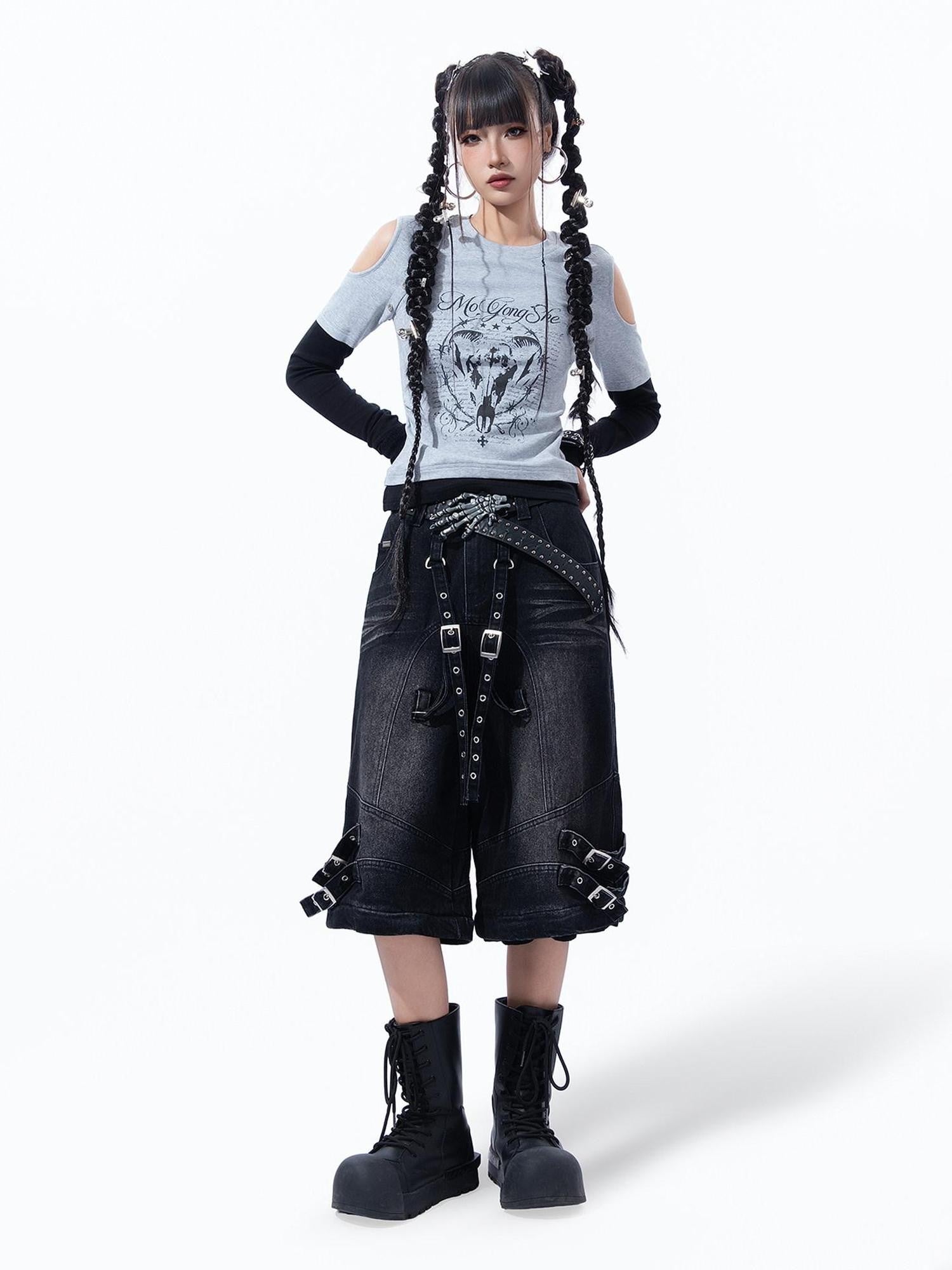 MOGONGSHE Retro Print Detachable Y2k Vest Off Shoulder Slim Fit Women's Long Sleeve T-shirts