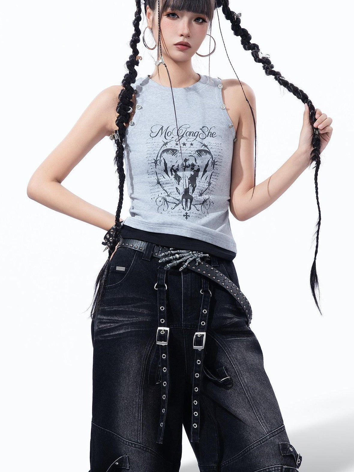 MOGONGSHE Retro Print Detachable Y2k Vest Off Shoulder Slim Fit Women's Long Sleeve T-shirts