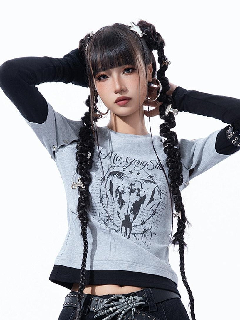 MOGONGSHE Retro Print Detachable Y2k Vest Off Shoulder Slim Fit Women's Long Sleeve T-shirts