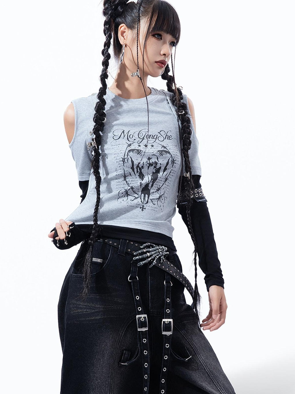 MOGONGSHE Retro Print Detachable Y2k Vest Off Shoulder Slim Fit Women's Long Sleeve T-shirts