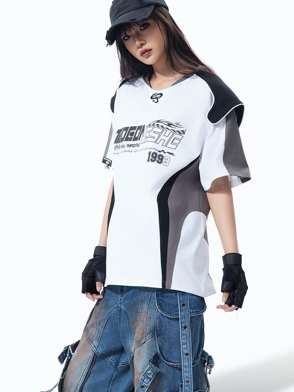 MOGONGSHE Retro Racing Patchwork Colorblock Shoulder Utility Women's Short Sleeve T-shirts