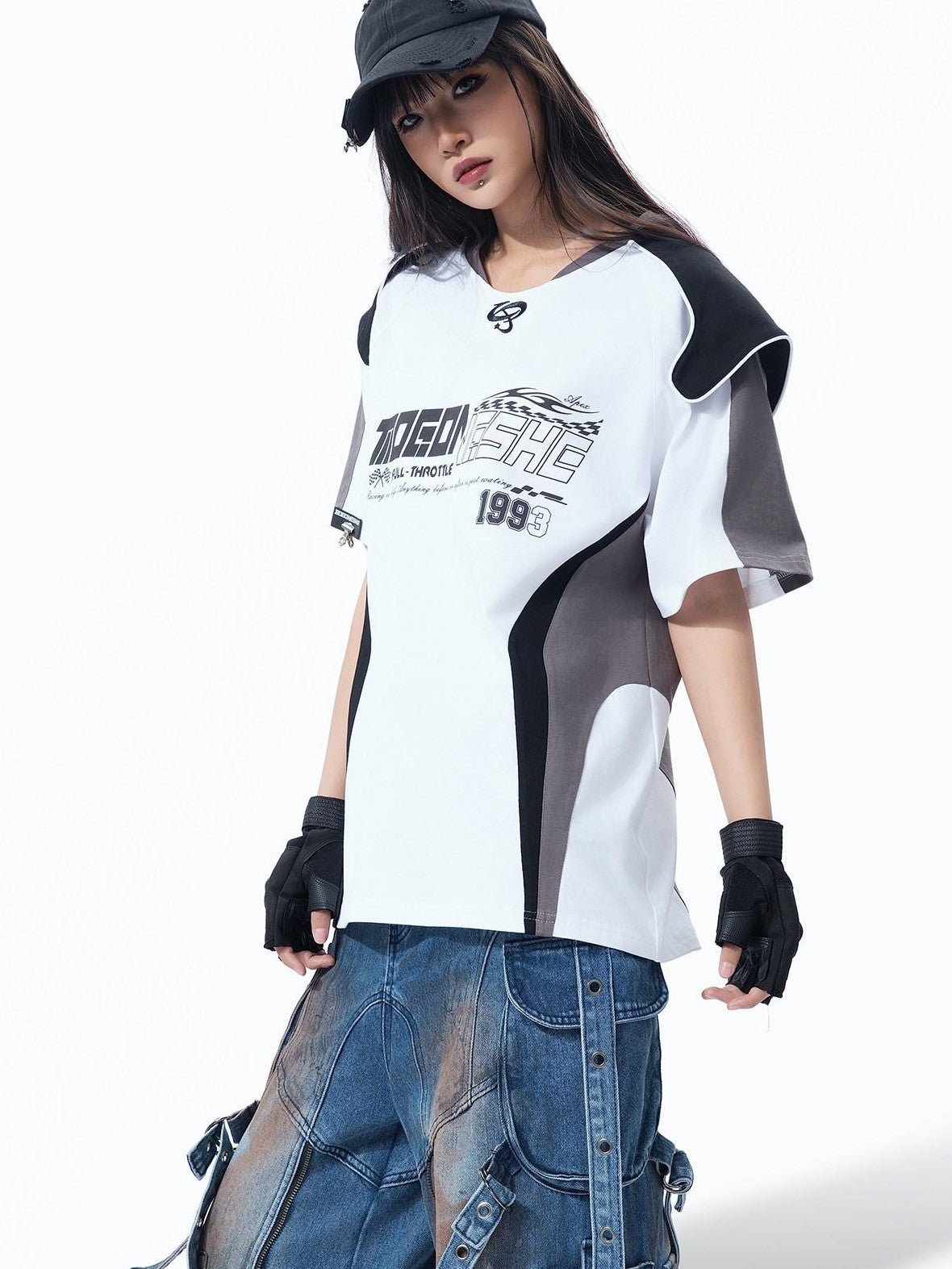 MOGONGSHE Retro Racing Patchwork Colorblock Shoulder Utility Women's Short Sleeve T-shirts
