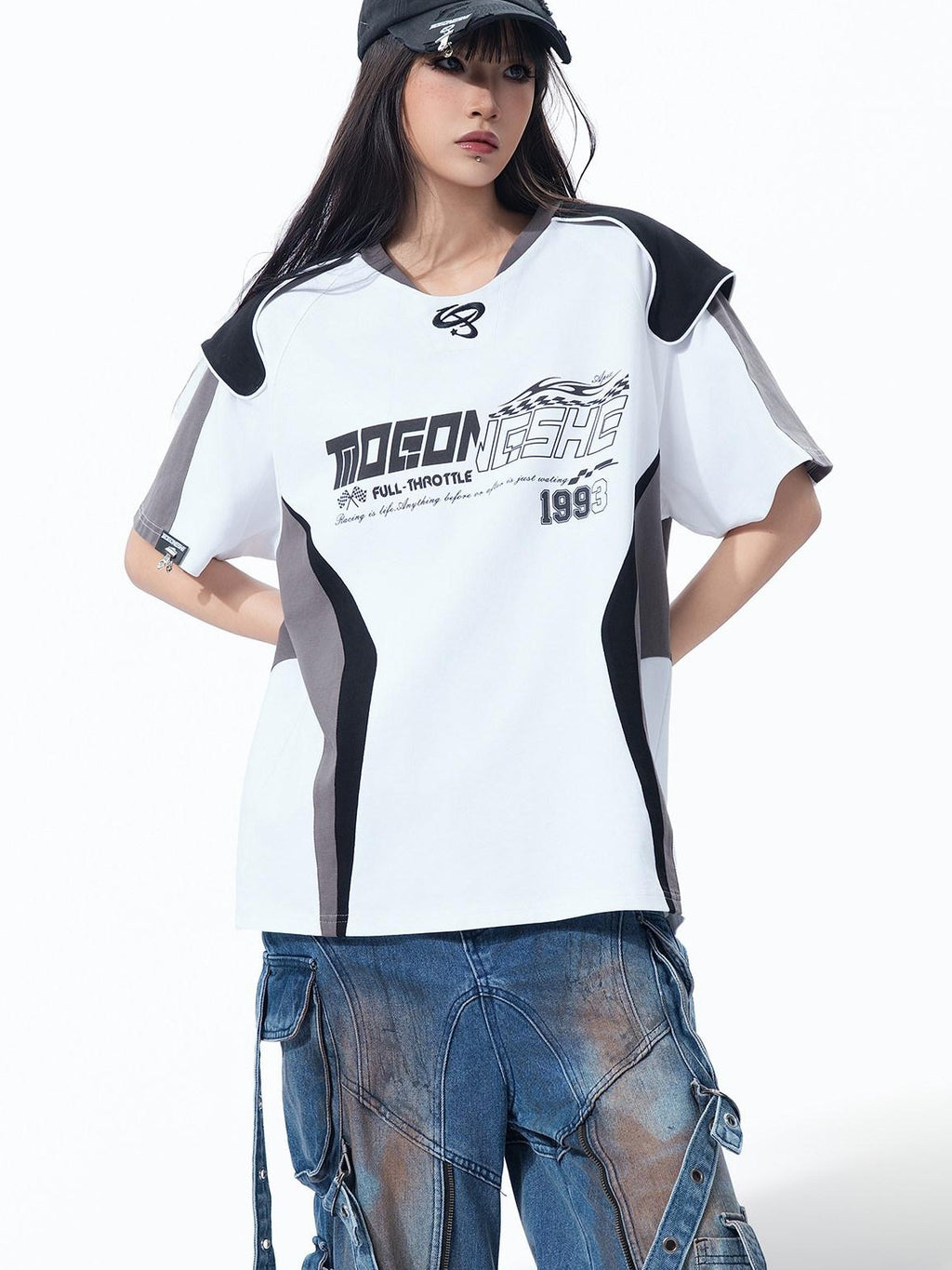 MOGONGSHE Retro Racing Patchwork Colorblock Shoulder Utility Women's Short Sleeve T-shirts