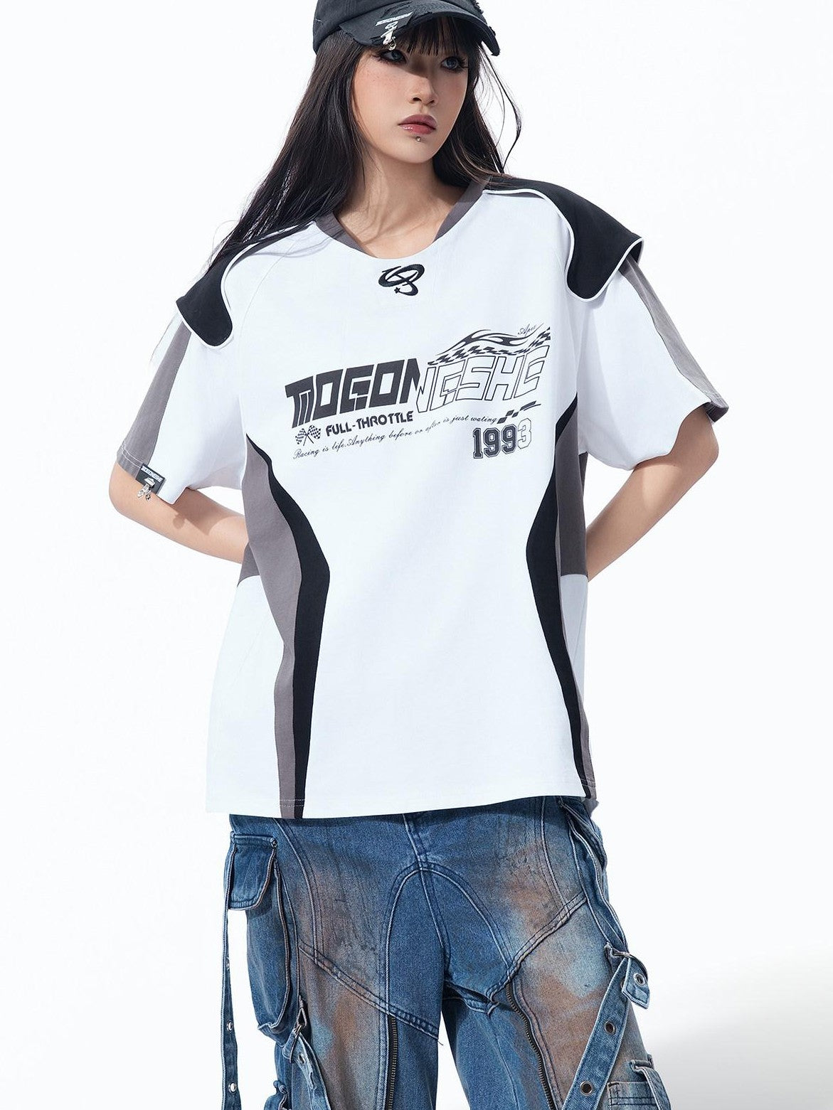MOGONGSHE Retro Racing Patchwork Colorblock Shoulder Utility Women's Short Sleeve T-shirts