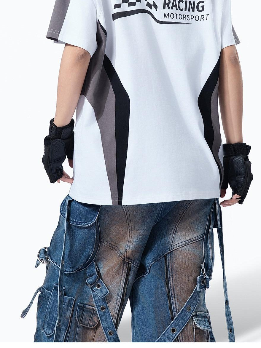 MOGONGSHE Retro Racing Patchwork Colorblock Shoulder Utility Women's Short Sleeve T-shirts