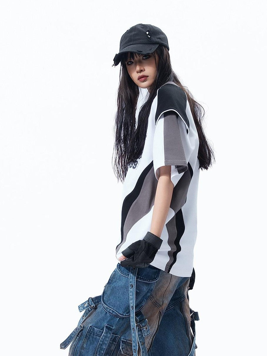 MOGONGSHE Retro Racing Patchwork Colorblock Shoulder Utility Women's Short Sleeve T-shirts