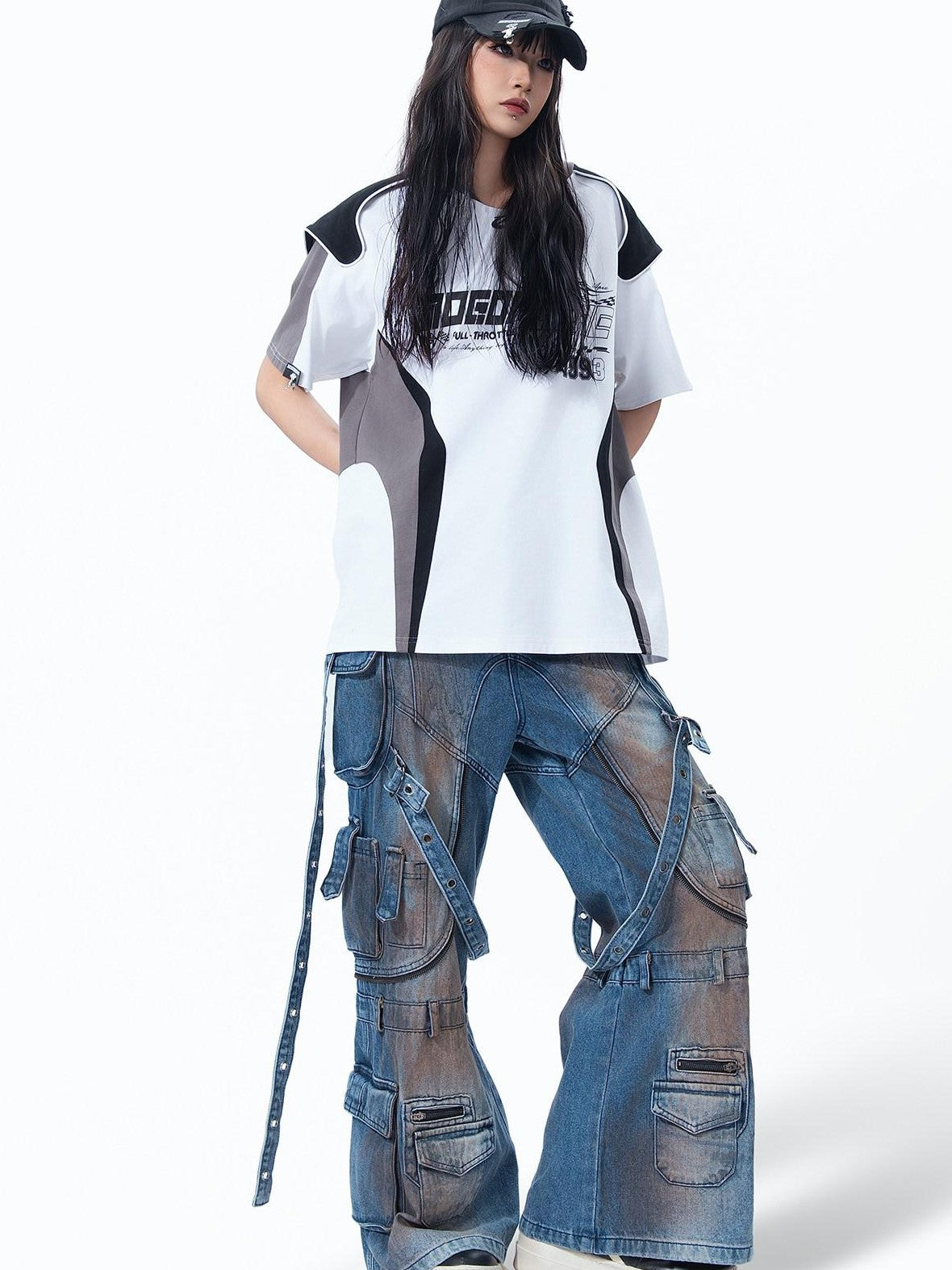 MOGONGSHE Retro Racing Patchwork Colorblock Shoulder Utility Women's Short Sleeve T-shirts