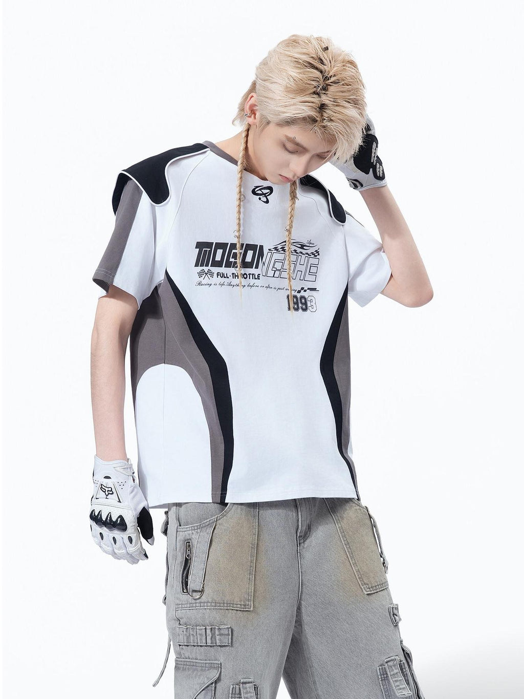 MOGONGSHE Retro Racing Patchwork Colorblock Shoulder Utility Women's Short Sleeve T-shirts