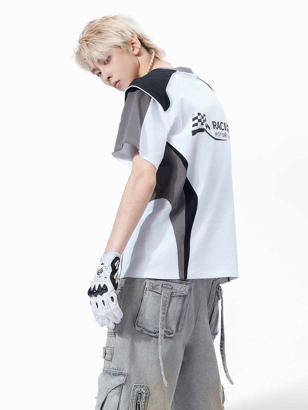 MOGONGSHE Retro Racing Patchwork Colorblock Shoulder Utility Women's Short Sleeve T-shirts