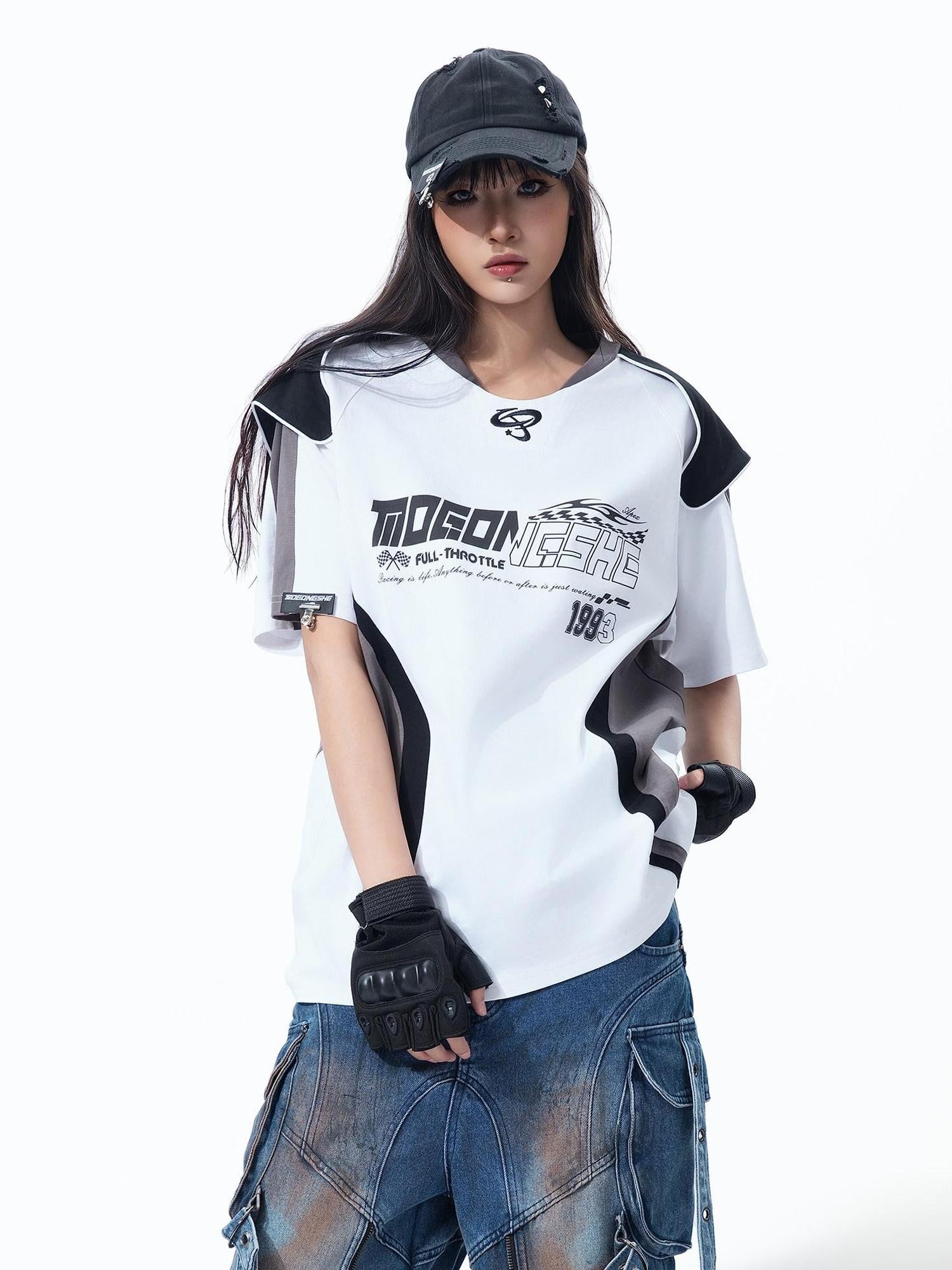 MOGONGSHE Retro Racing Patchwork Colorblock Shoulder Utility Women's Short Sleeve T-shirts