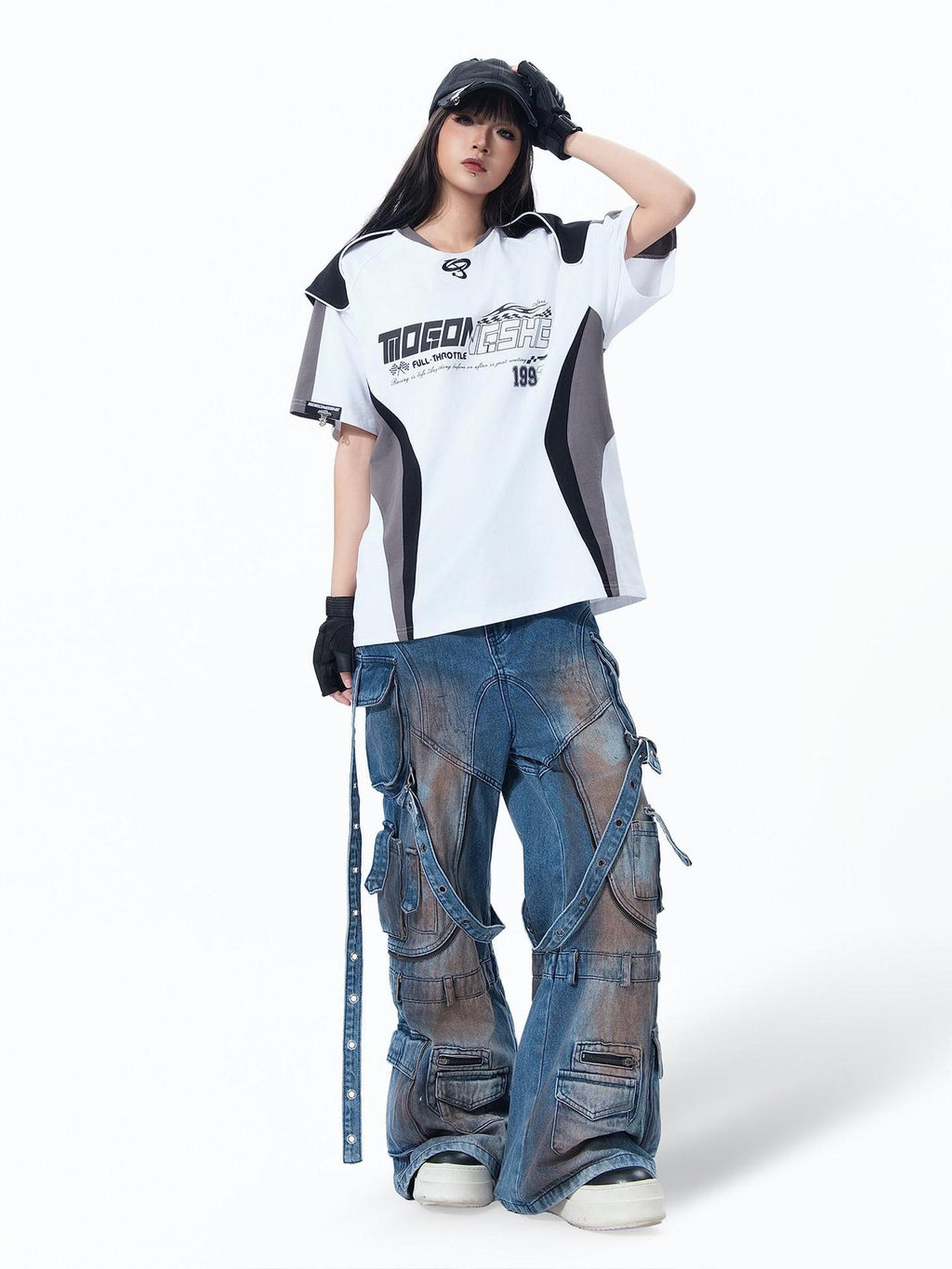 MOGONGSHE Retro Racing Patchwork Colorblock Shoulder Utility Women's Short Sleeve T-shirts