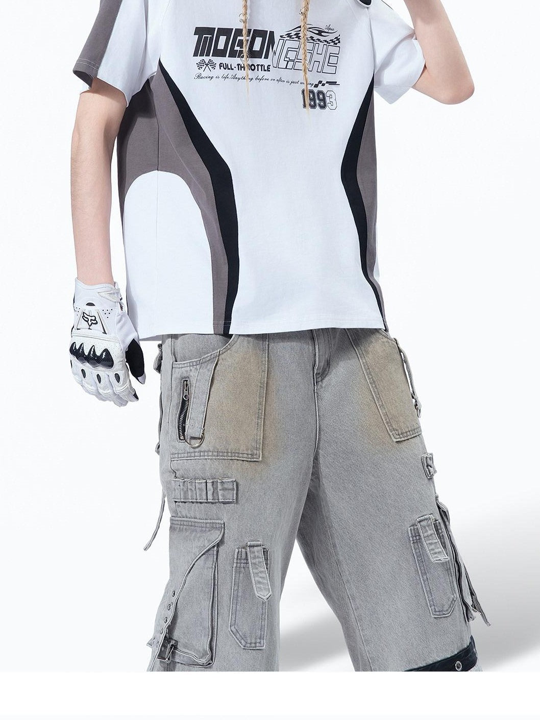 MOGONGSHE Retro Racing Patchwork Colorblock Shoulder Utility Women's Short Sleeve T-shirts