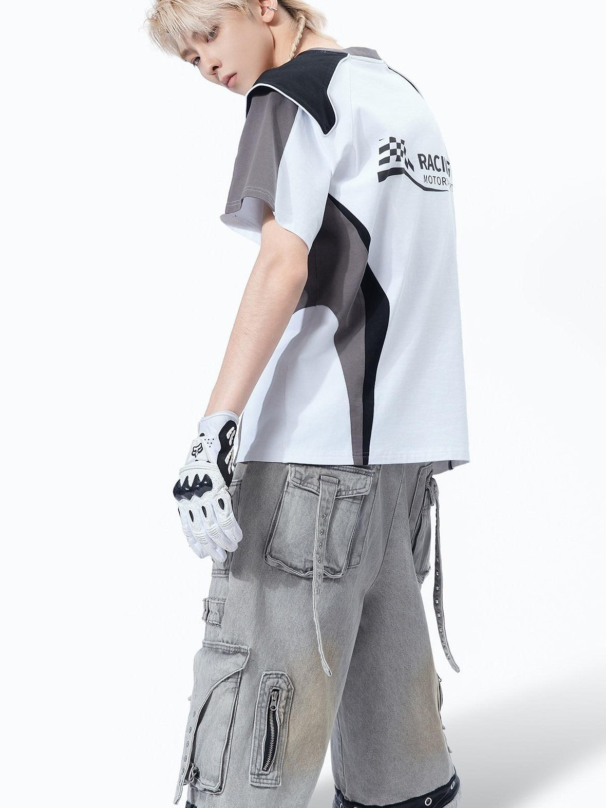 MOGONGSHE Retro Racing Patchwork Colorblock Shoulder Utility Women's Short Sleeve T-shirts