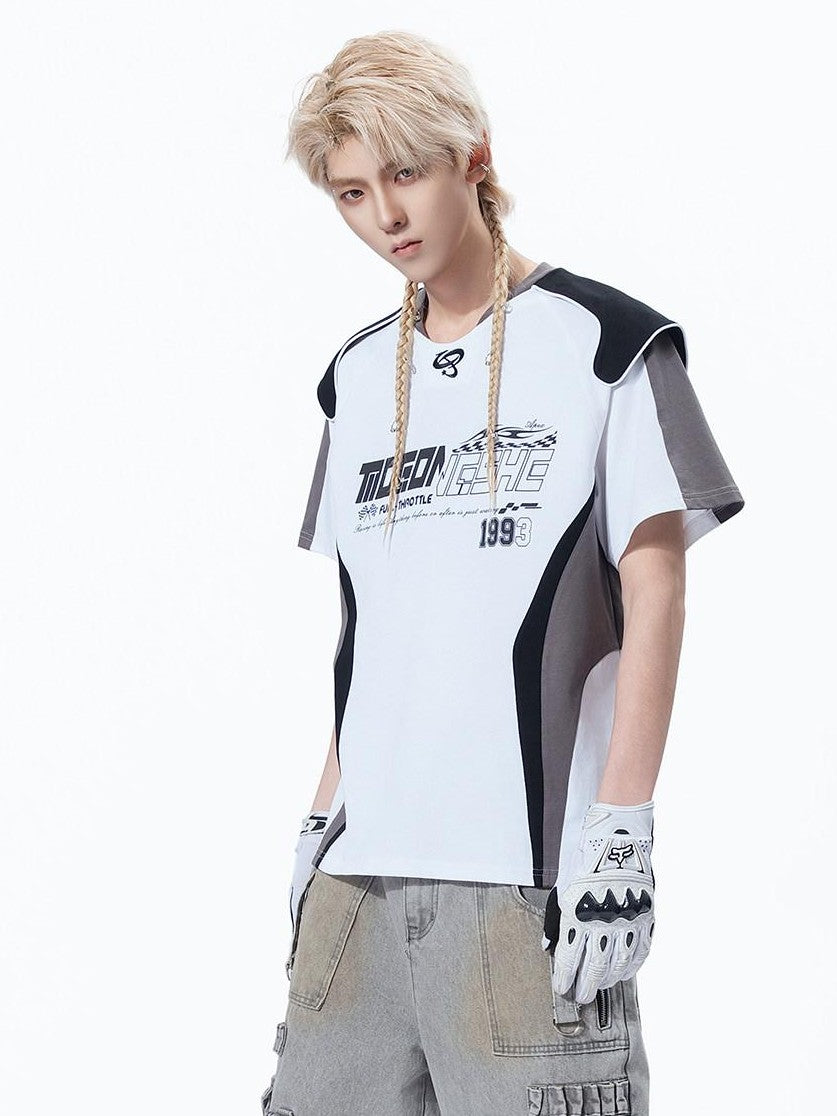 MOGONGSHE Retro Racing Patchwork Colorblock Shoulder Utility Women's Short Sleeve T-shirts