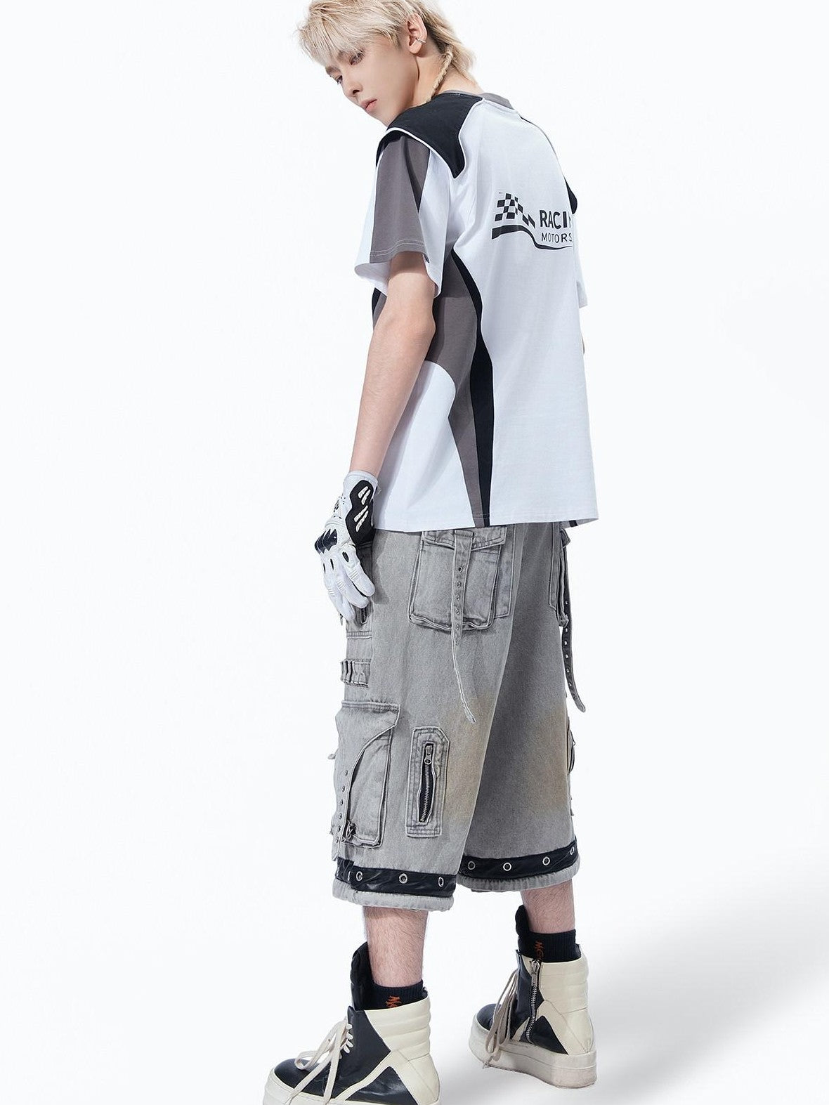 MOGONGSHE Retro Racing Patchwork Colorblock Shoulder Utility Women's Short Sleeve T-shirts
