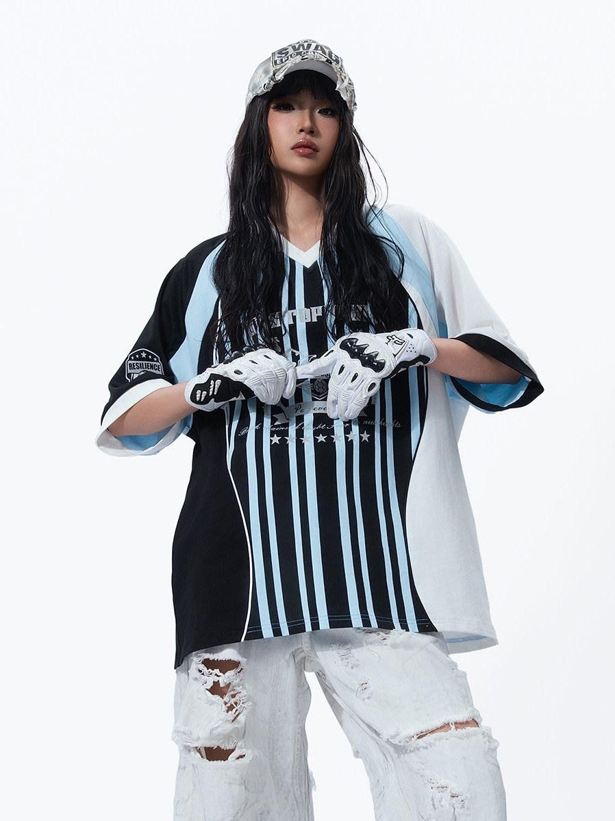 MOGONGSHE Retro Striped Raglan Colorblock Women's Jersey Short Sleeve T-shirts