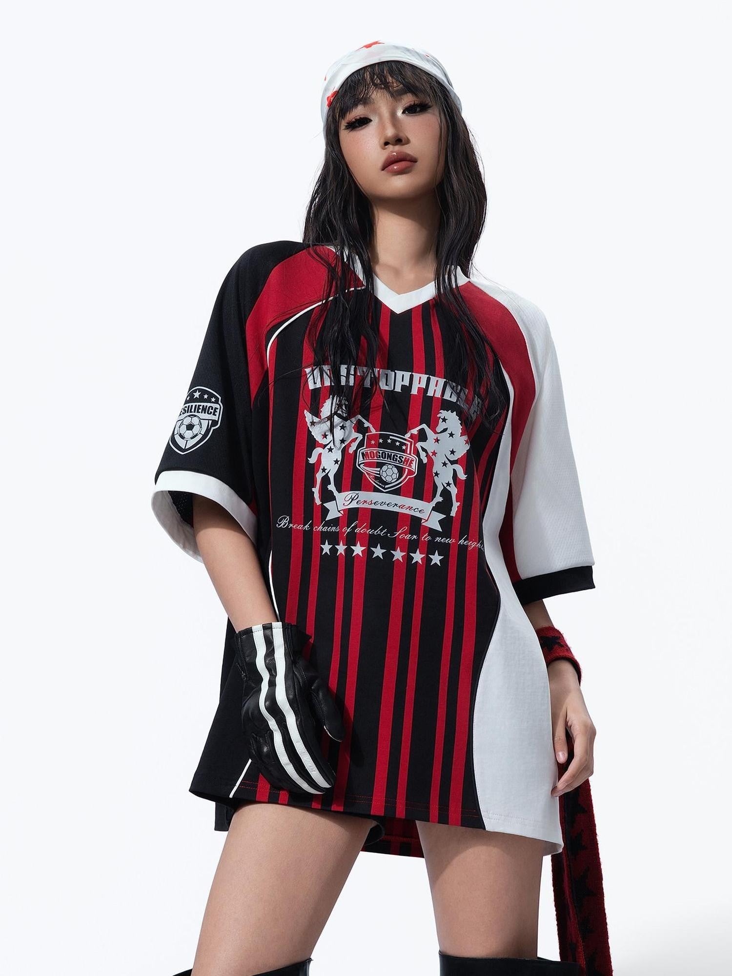 MOGONGSHE Retro Striped Raglan Colorblock Women's Jersey Short Sleeve T-shirts
