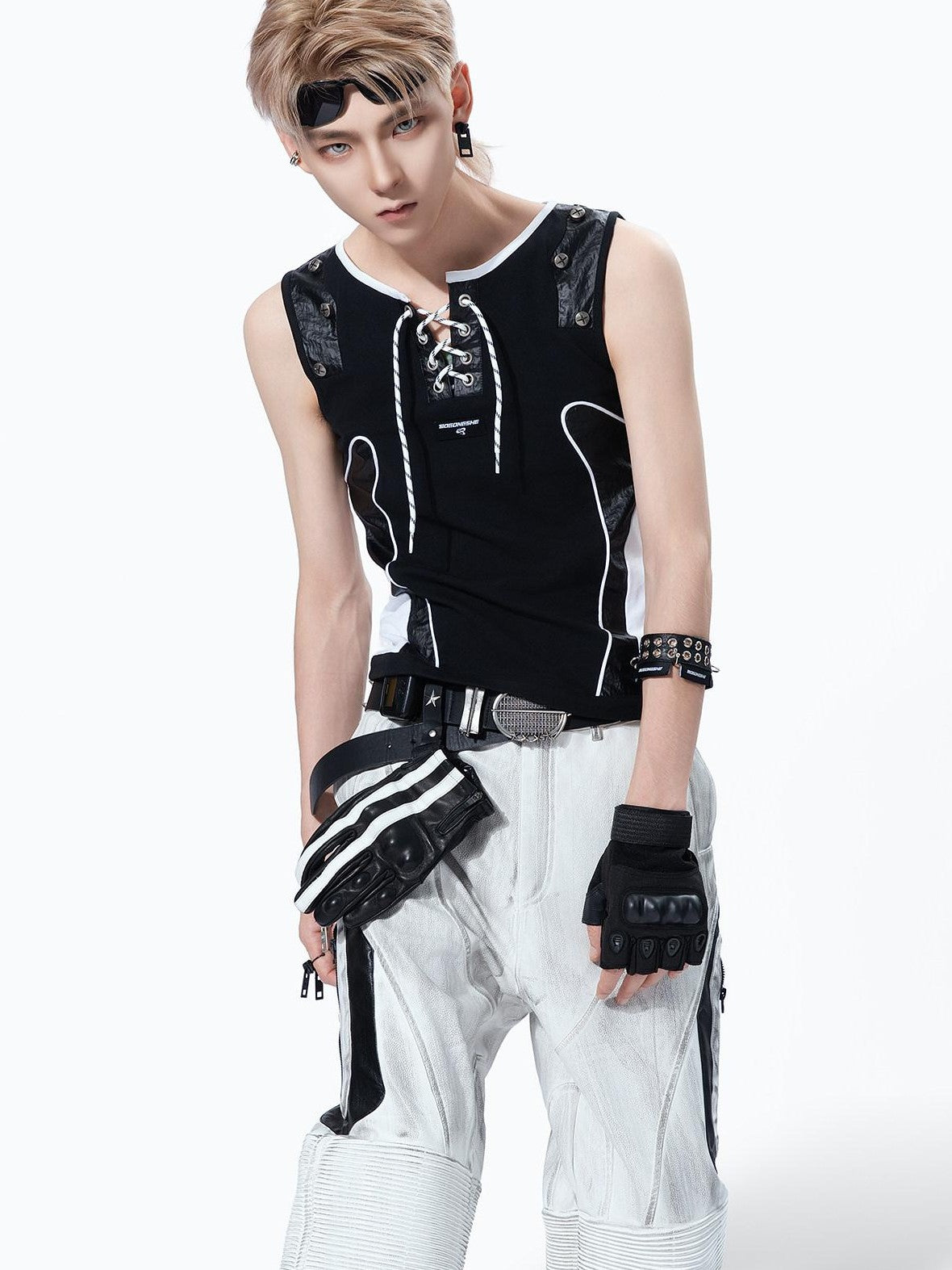 MOGONGSHE Rivet Leather Patchwork Strappy Punk Women's Leather Tank Tops