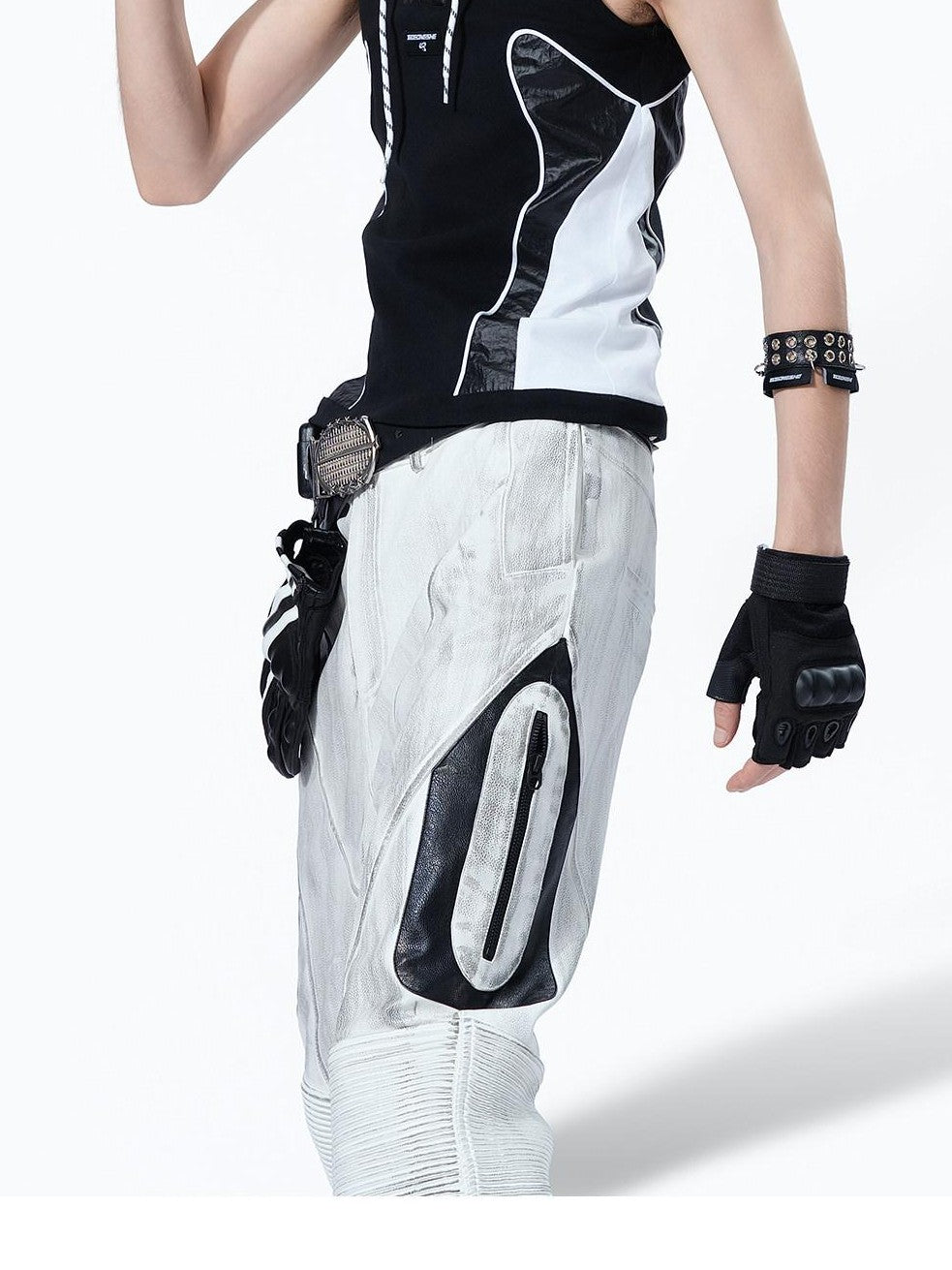 MOGONGSHE Rivet Leather Patchwork Strappy Punk Women's Leather Tank Tops