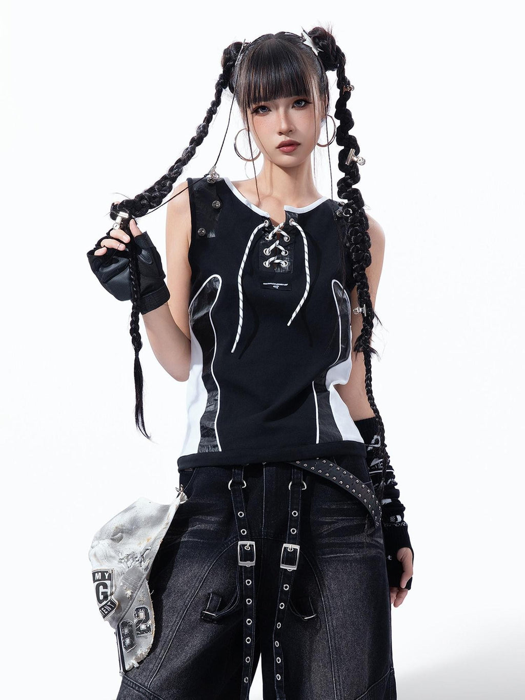 MOGONGSHE Rivet Leather Patchwork Strappy Punk Women's Leather Tank Tops