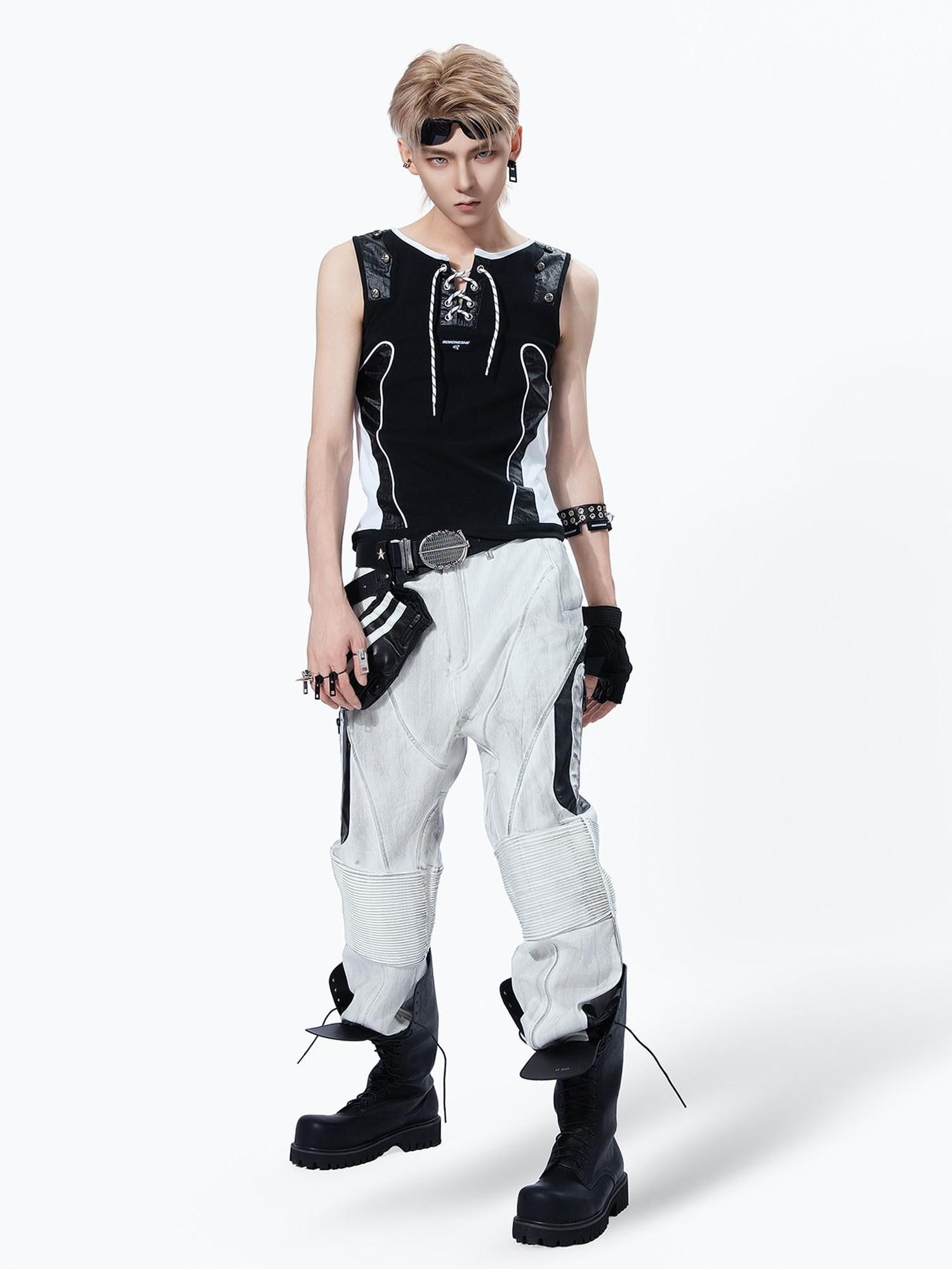 MOGONGSHE Rivet Leather Patchwork Strappy Punk Women's Leather Tank Tops