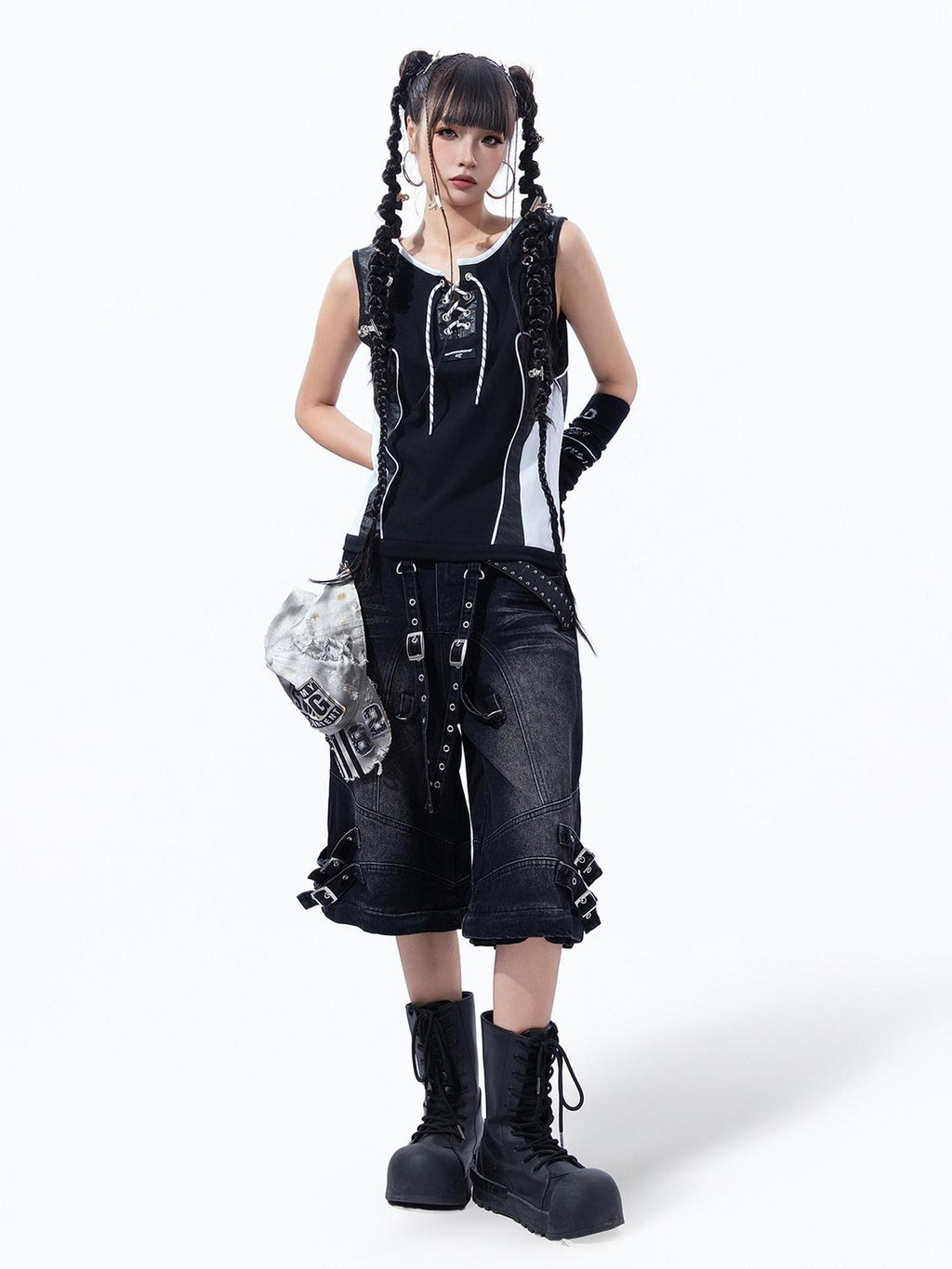 MOGONGSHE Rivet Leather Patchwork Strappy Punk Women's Leather Tank Tops